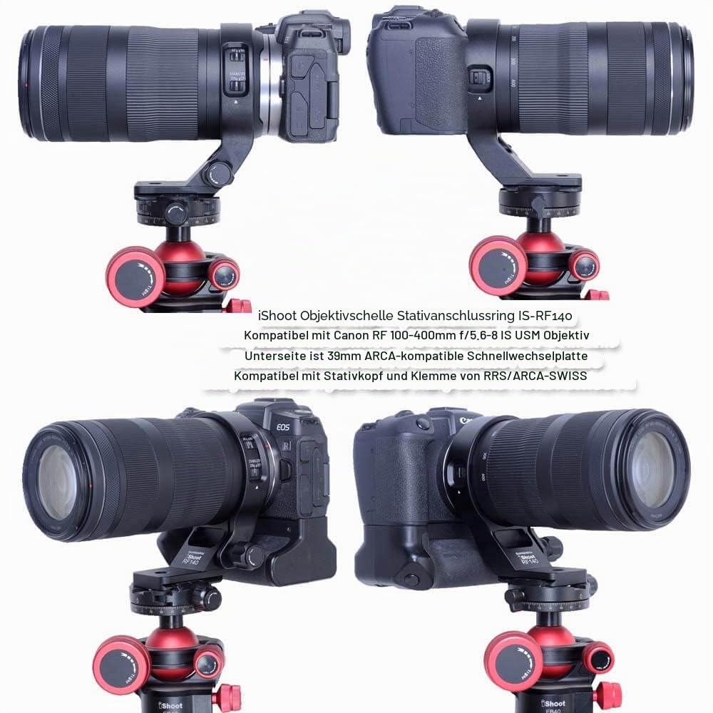 iShoot Stativhalterung, Ringlinsenhalsband, kompatibel mit Canon RF 100–400 mm f/5.6–8 is USM, Objektivhalterung, Unterseite ist Arca-Swiss Fit Schnellwechselplatte Schwalbenschwanznut
