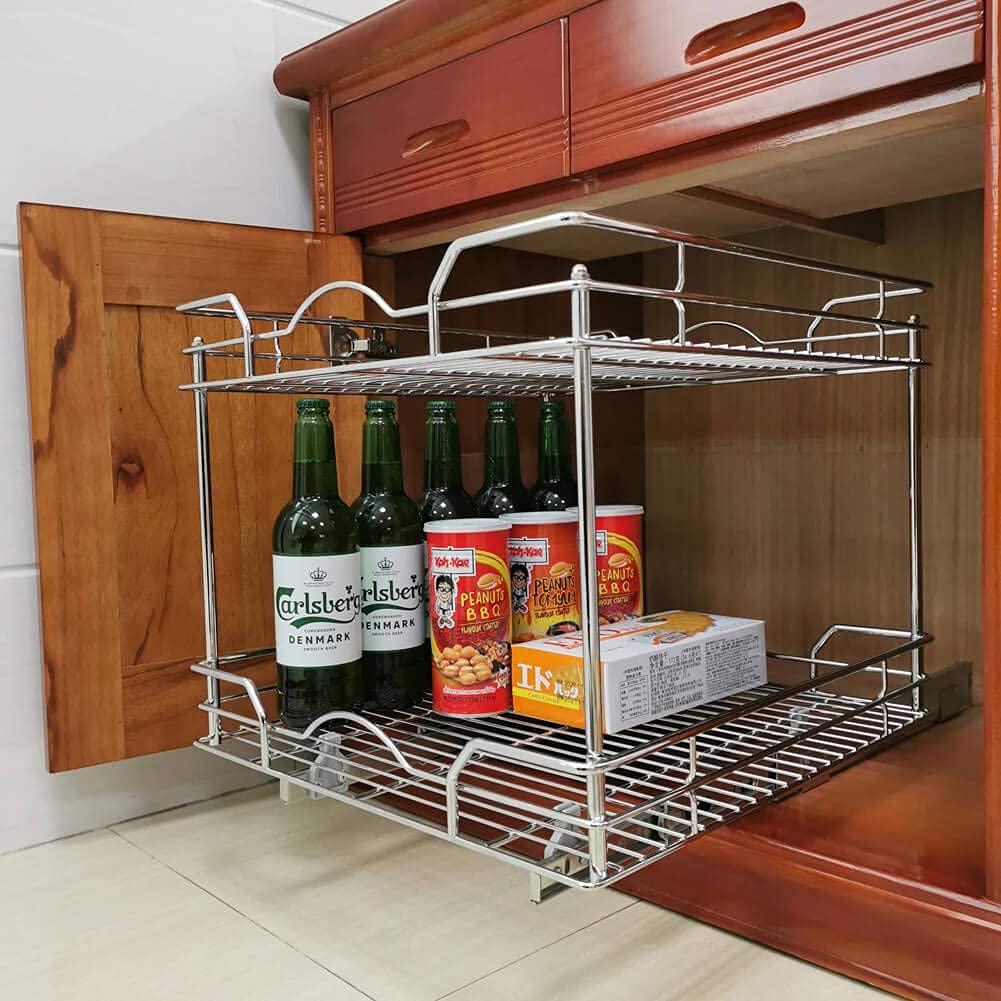 Pull Out Cabinet Organizer?11"W x 18"D x 16.4"H ), 2 Tier Heavy Duty Slide Out Kitchen Cabinet Shelves, Sliding Drawer for Cabinet , Wire Frame, Chrome Finish