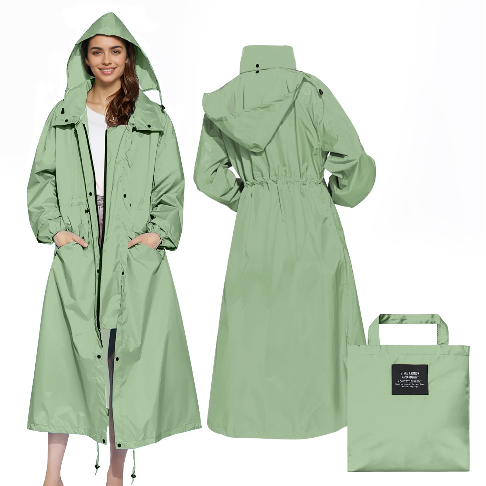 Womens Long Raincoats with Hood, Waterproof Reusable Packable Rain Coat with Long Sleeves for Adults Womens Ladies, Rain Coat for Bike Moto Riding Hiking Trekking