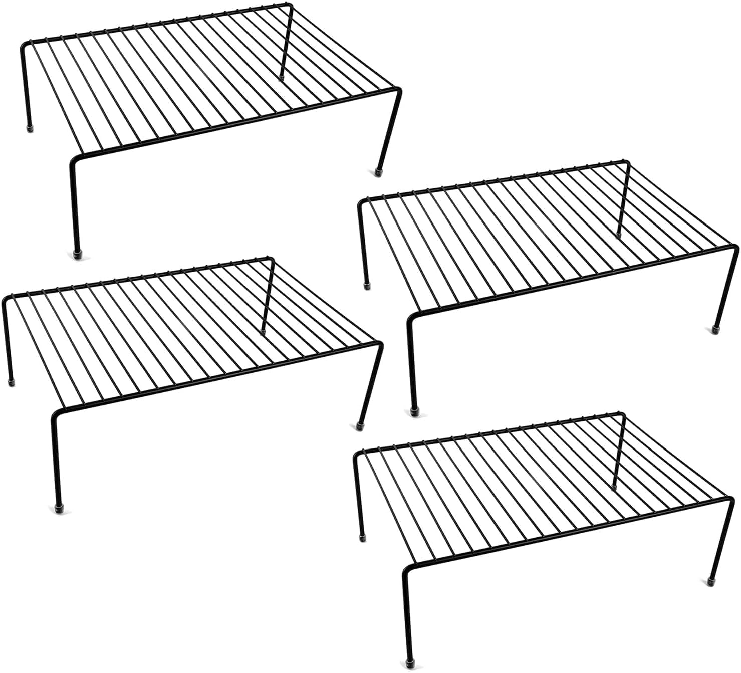 Set of 4 - Kitchen Storage Shelf Rack - Large (16.1 x10.2 Inch) /Plastic Feet - Steel Metal - Rust Resistant Finish - Cups, Dishes, Cabinet & Pantry Organization - Kitchen (Black)