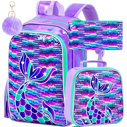 Image of 16 inch Mermaid Backpack for Girls, 3Pcs Sequin Fish Tail School Backpacks Set for Elementary Preschool Kindergarten, Kids Bookbag with Lunch Box (Purple)