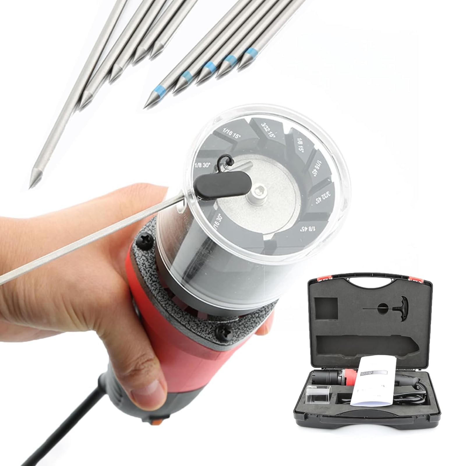 BOOZXCV Tungsten Electrode Sharpener Machine, TIG Rod Grinder with 6-Speed Adjustment and Flat Grinding Block, Angles 15°/30°/45°, Compatible with 1.6/2.4/3.2mm Electrodes