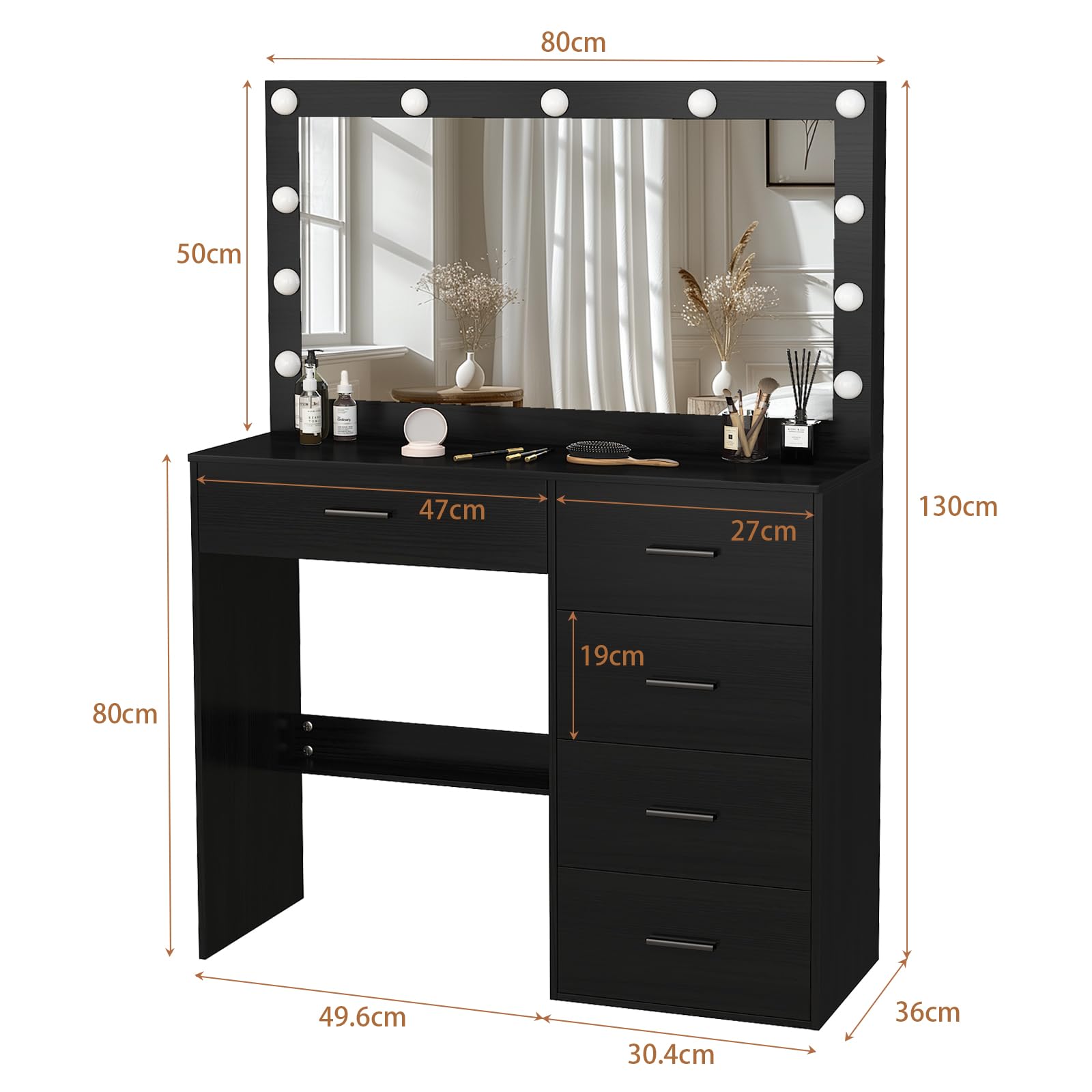 LIANWANGToeletta Trucco con Luci e Sgabello, Luminosità Regolabile, Toeletta Trucco con Specchio, Postazione Trucco, Moderno, Nero, 130 x 80 x 36 cm