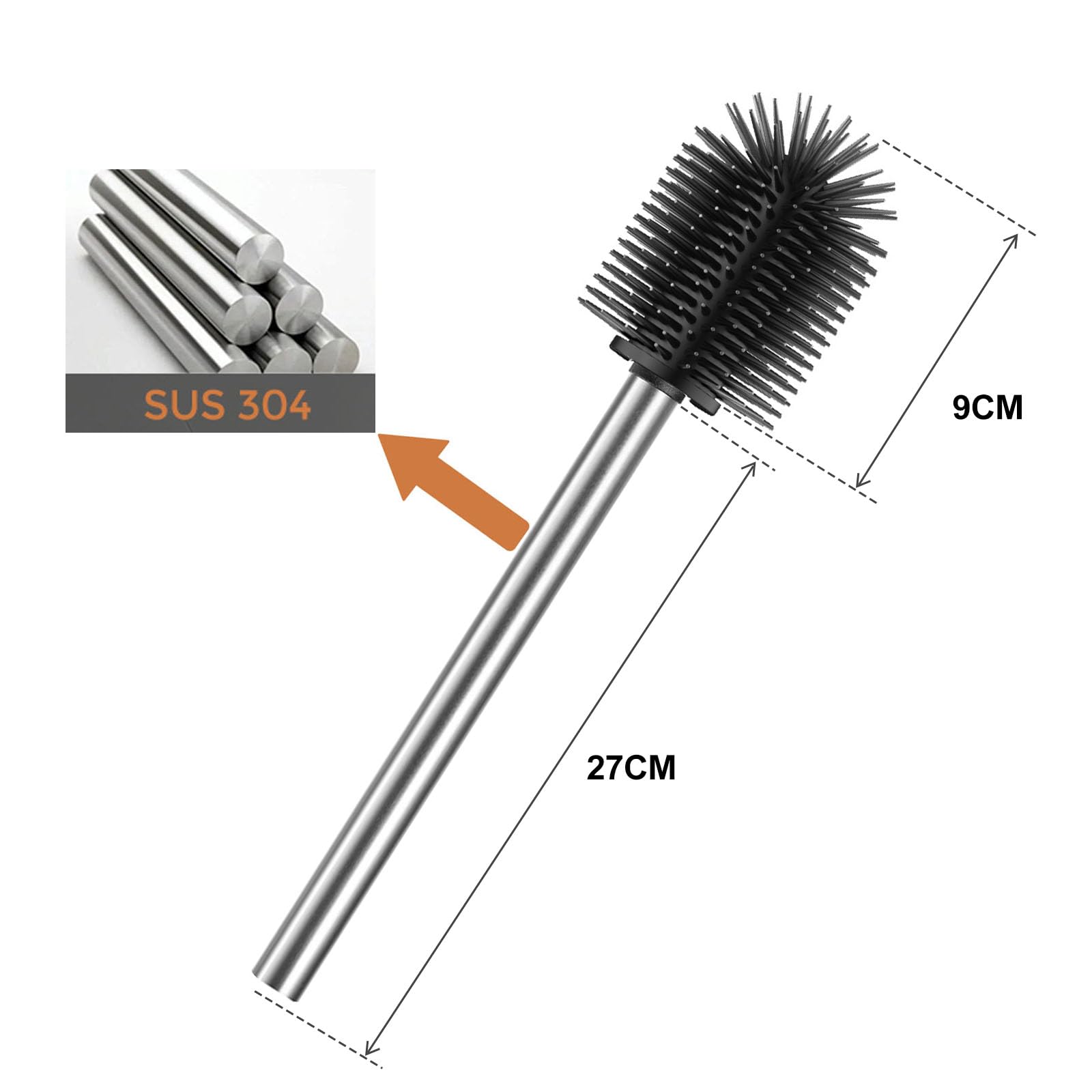 WAVEWO Silicone Toilet Brush with 2 Brush Heads, 7 cm Diameter Toilet Brush Made of 304 Stainless Steel for Bathroom Cleaning (Silver) - Image 2