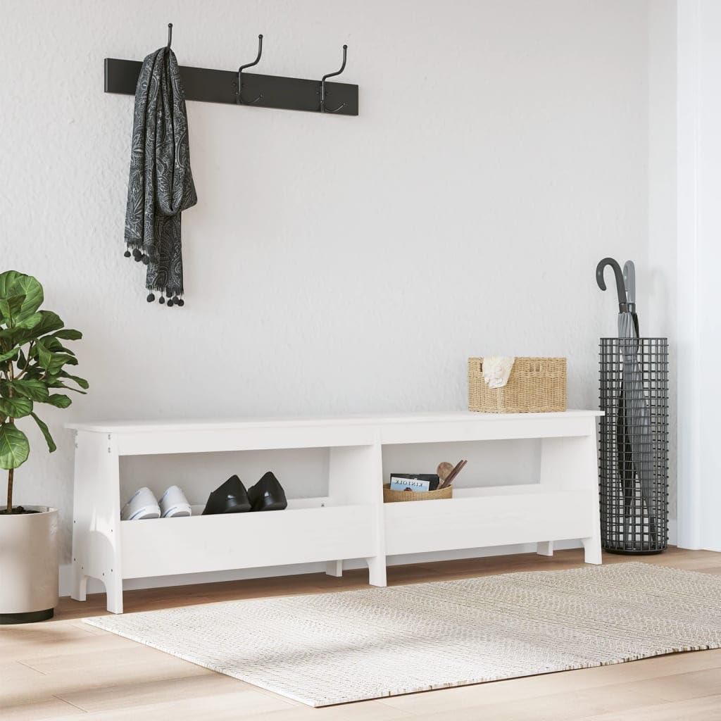 Banc de couloir blanc en pin massif 160cm avec rangement pour entrée