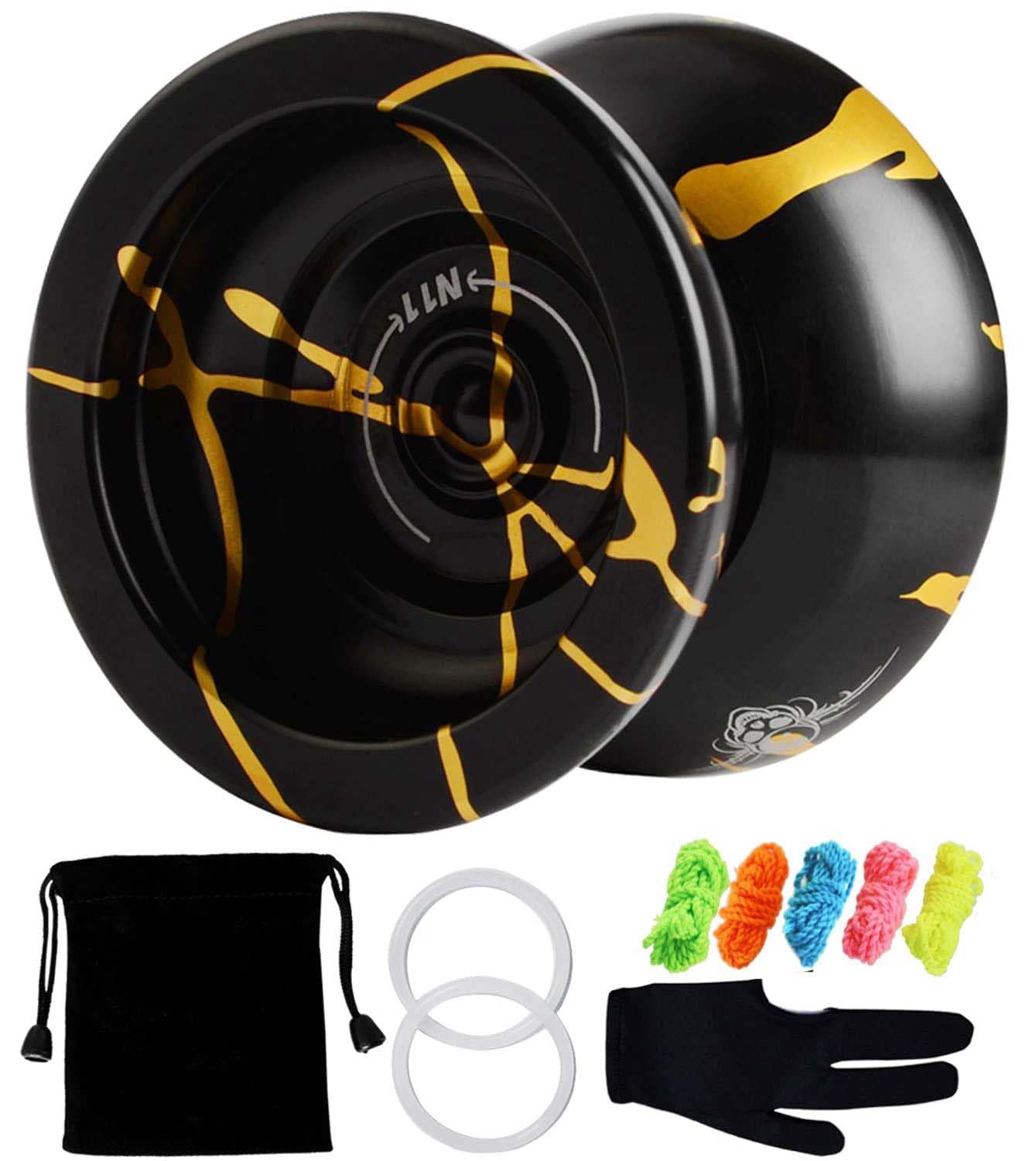 ELECDON Professional Unresponsive YOYO Ball Alloy Aluminum YoYo Ball with Bag Glove and 5 Strings, Black with Golden