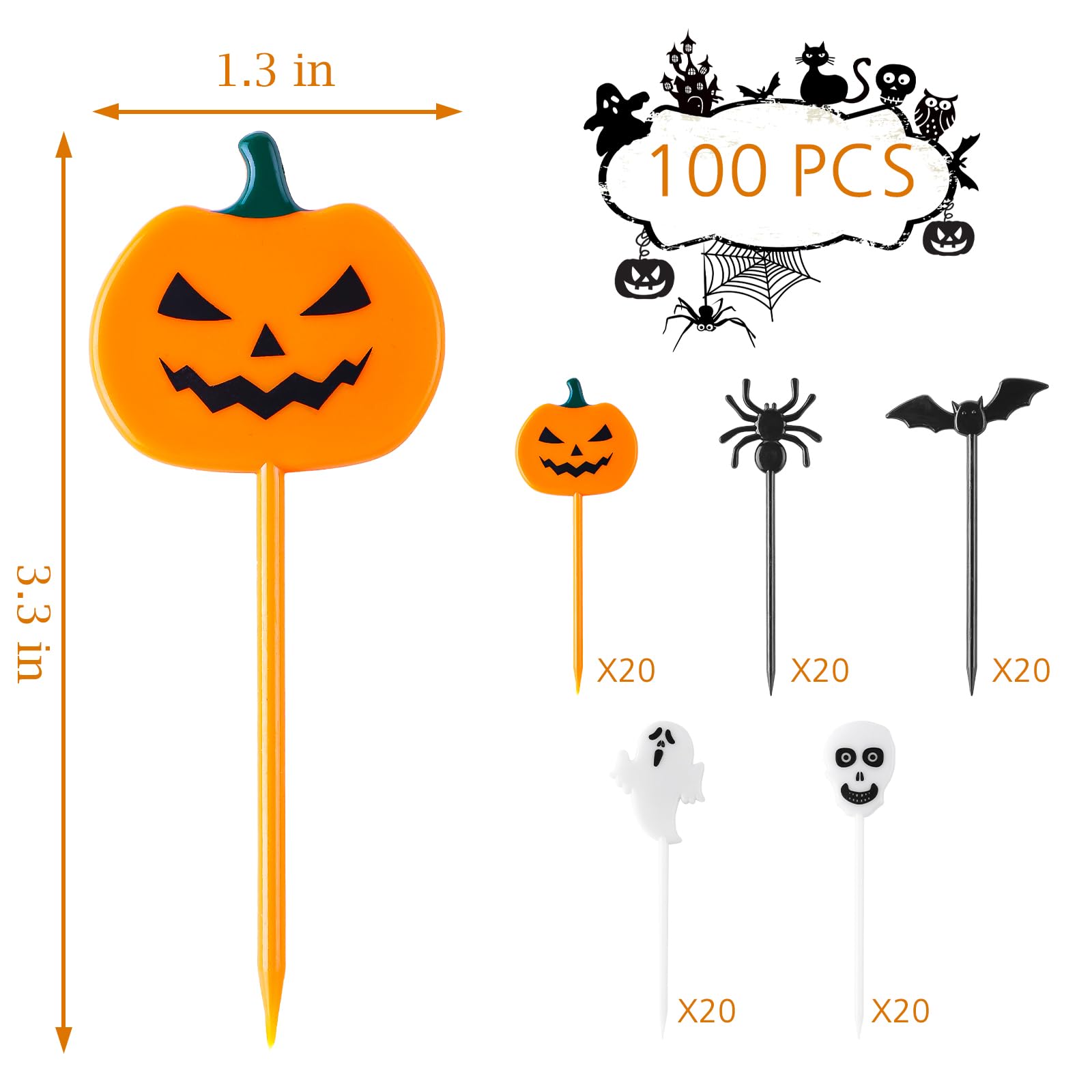 100pcs Plastic Halloween Toothpicks Cupcake Topper Cake Decorations Picks for Fruit Appetizer Halloween Party Favor Supplies