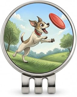 Small Dog Catching a Flying Disc Golf Hat Clip with Ball Marker
