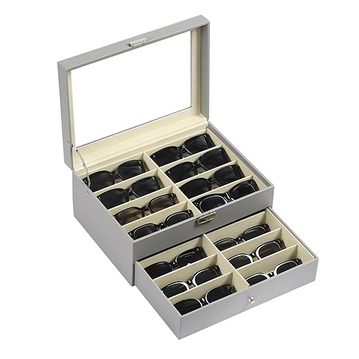 AUTOARK Leather 16 Piece Eyeglasses Storage and Sunglass Glasses Display Drawer Lockable Case Organizer,Grey,AW-165