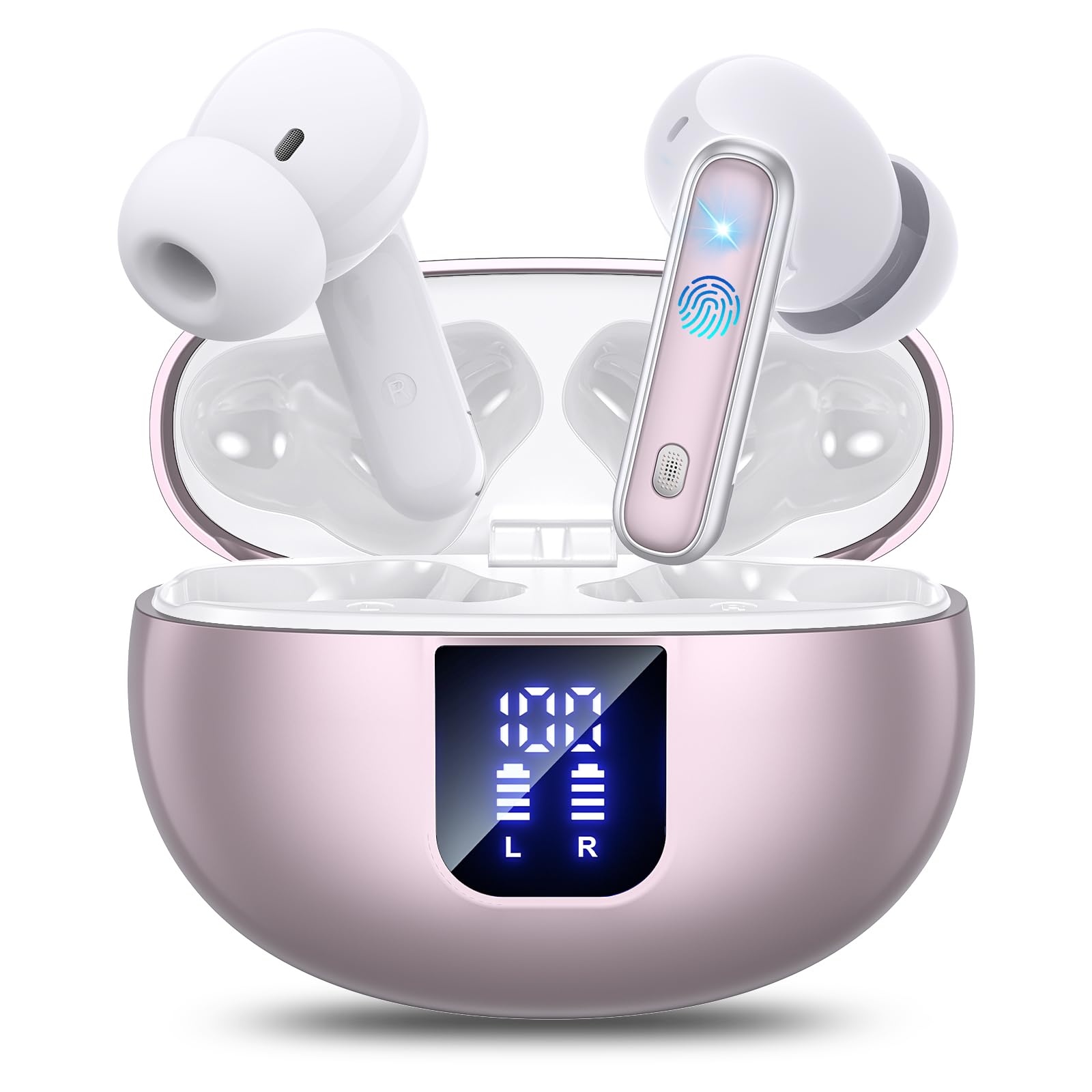 Euqq Wireless Earbuds, Bluetooth 6.1 Hi-Fi Bass Stereo, 6 ENC Mics | 36H Playtime, IPX7 Waterproof, LED Display, USB-C Fast Charging In-Ear Headphones for iPhone & Android，Rose gold