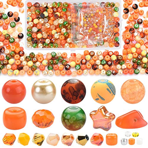 Image of Rired 27 Glass Beads for Bracelet Making Kit, 900pcs Orange Crystal Beads Set, Craft Beads Include Assorted 8mm Round /Bicone /Seed and Shaped Star Beads for Jewelry Making