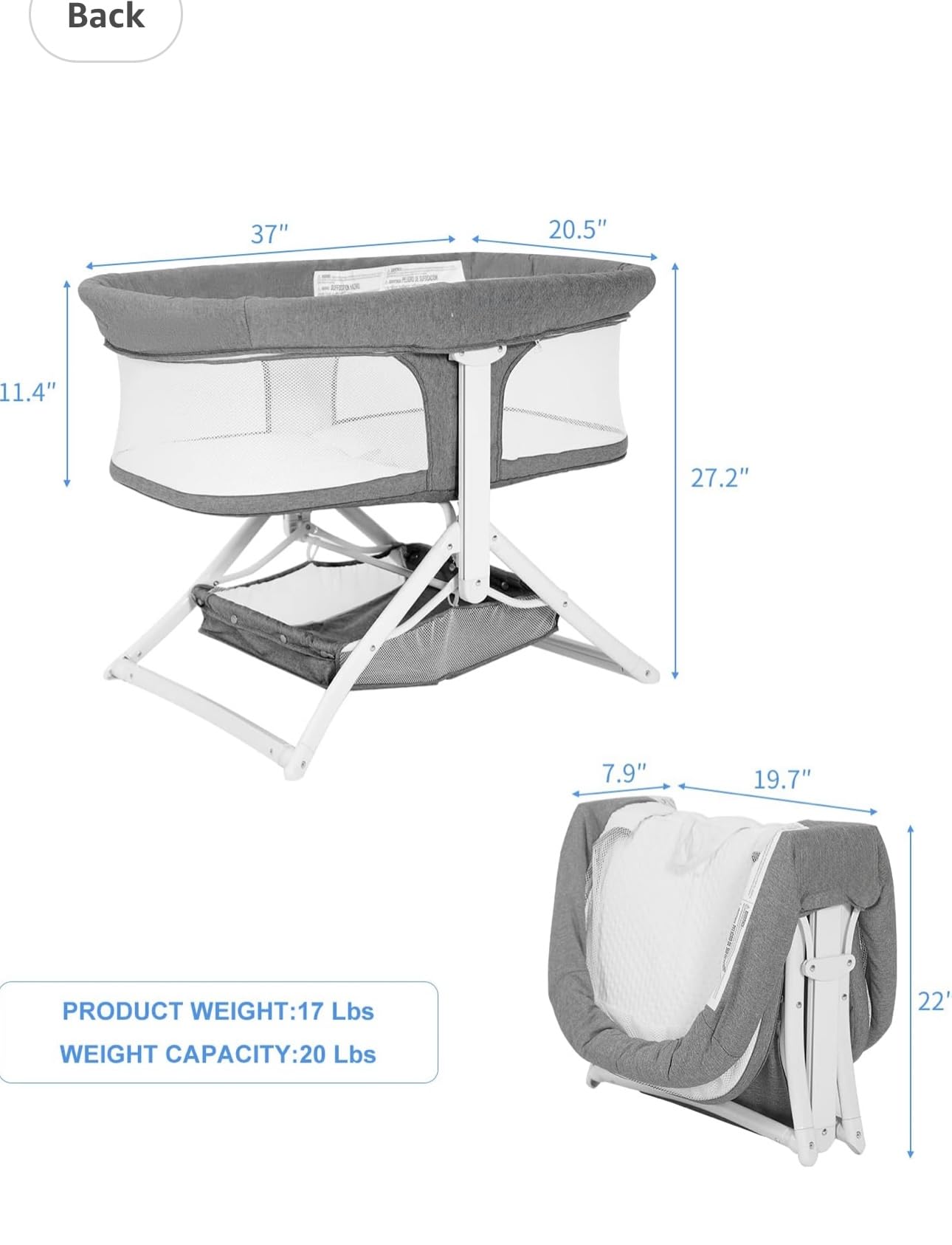 richtots Premium 2in1 Bassinet Quick Foldable Travel Crib Portable Rocking Bassinet(Grey)