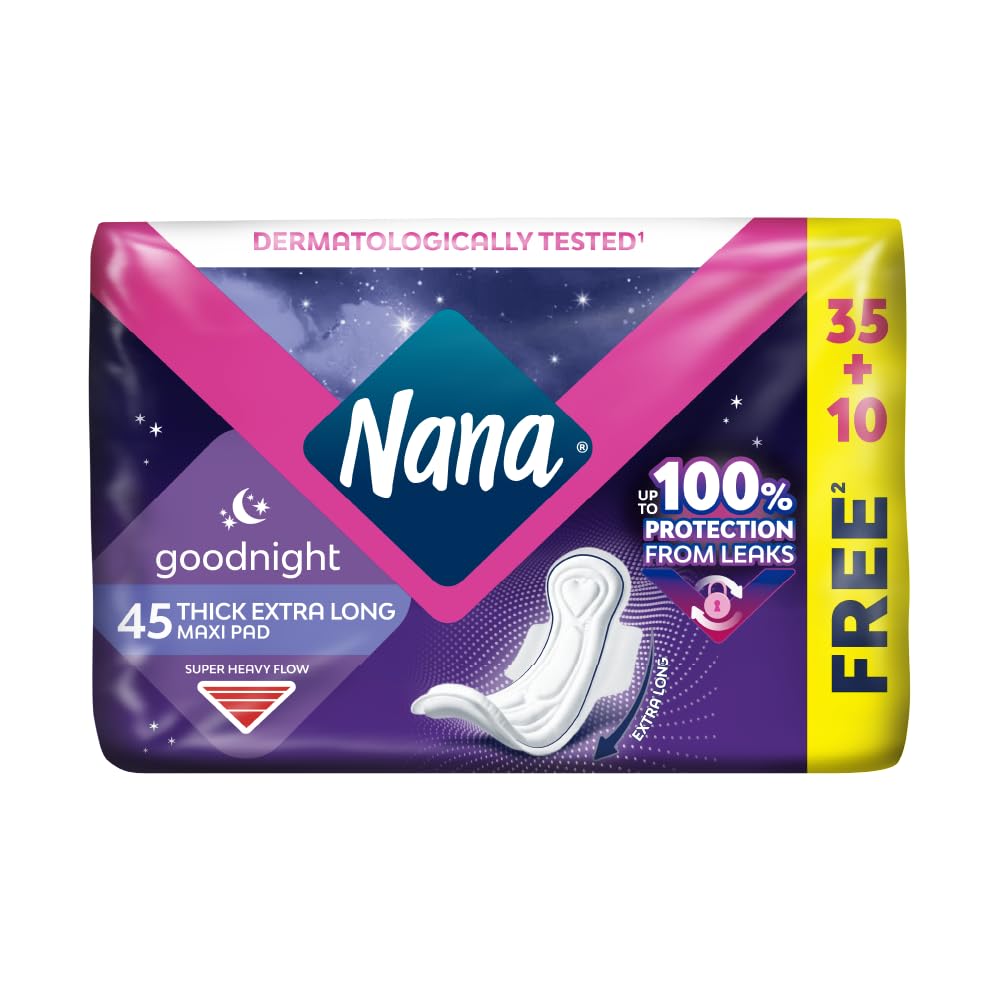 Nana Maxi Thick Goodnight Sanitary Pads Night Time, Super Heavy Flow, Maximum Absorption, Gentle on the skin - 45 Pads