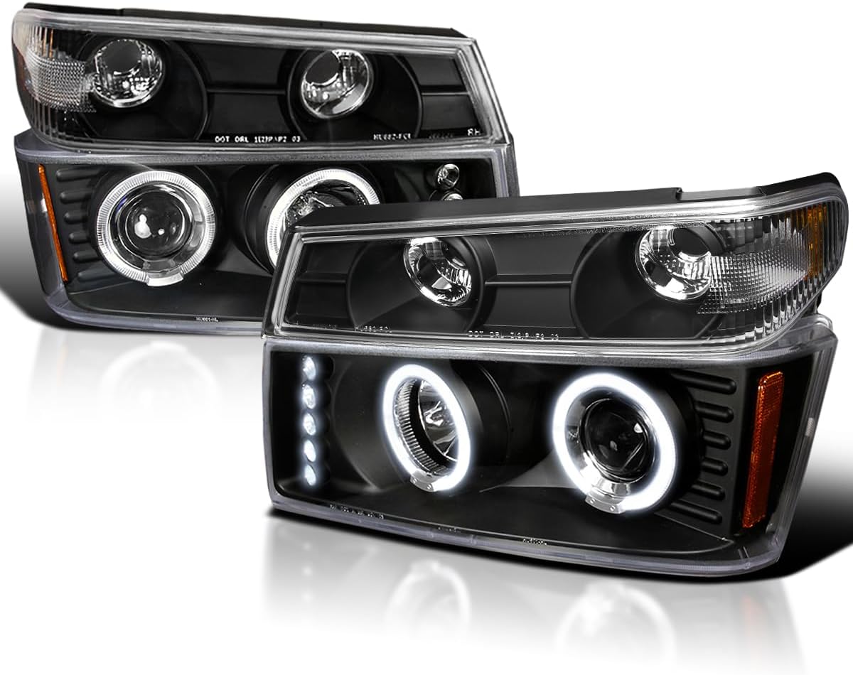SPEC-D TUNING Black Housing Clear Lens LED Halo Projector Headlights + Bumper Lights Compatible with 2004-2012 Chevy Colorado, 2004-2012 GMC Canyon, Left + Right Pair Headlamps Assembly