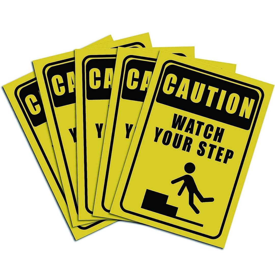 CVANU CAUTION Watch Your Step Warning Safety Self-Adhesive Waterproof PVC Vinyl Sign Sticker Size (7inchX10inch)_Pack of 5