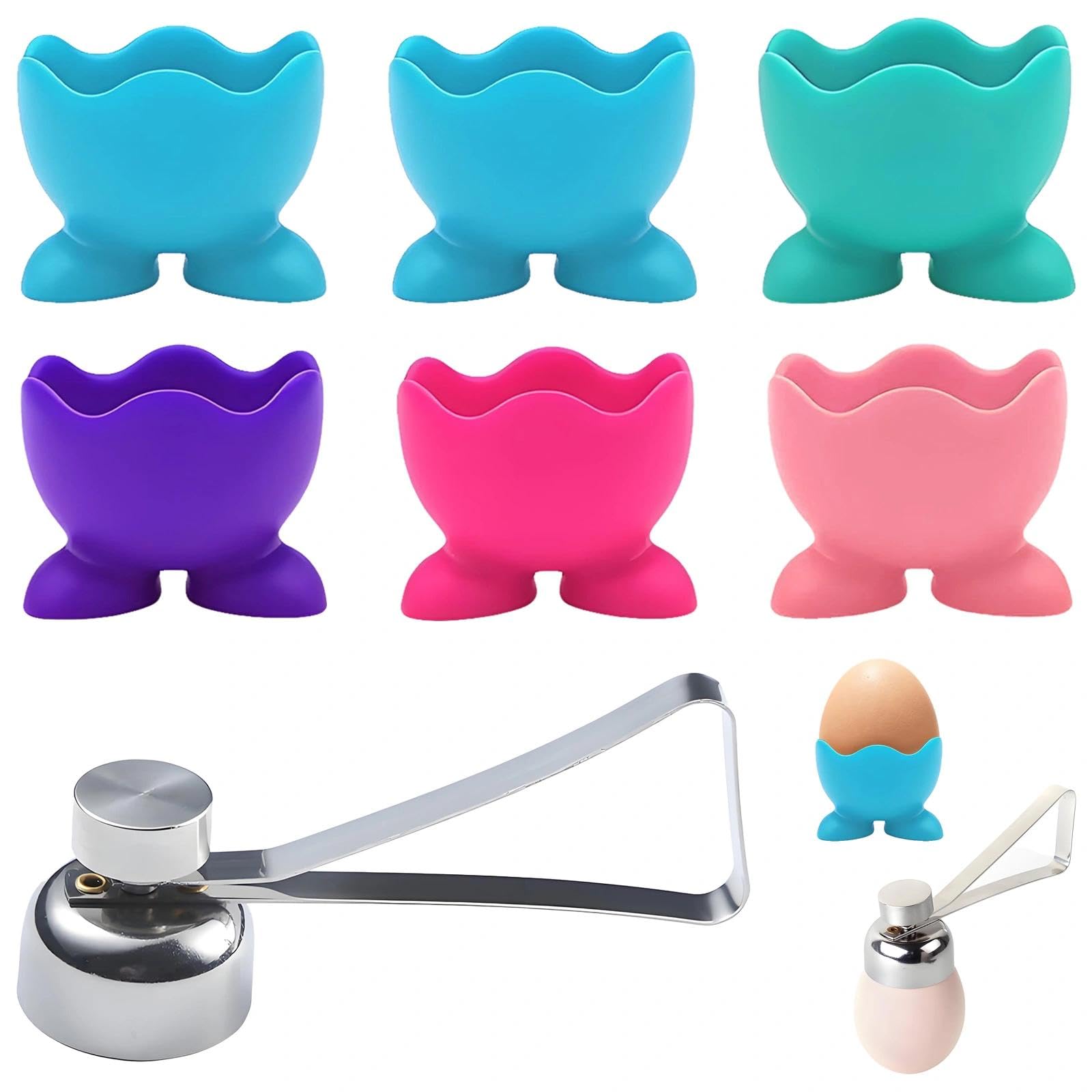 Egg Cups, 6 Pcs Silicone Egg Holder Set with Egg Cracker, Colourful Boiled Egg Stands for Breakfast, Kitchen Counter & Home Essentials