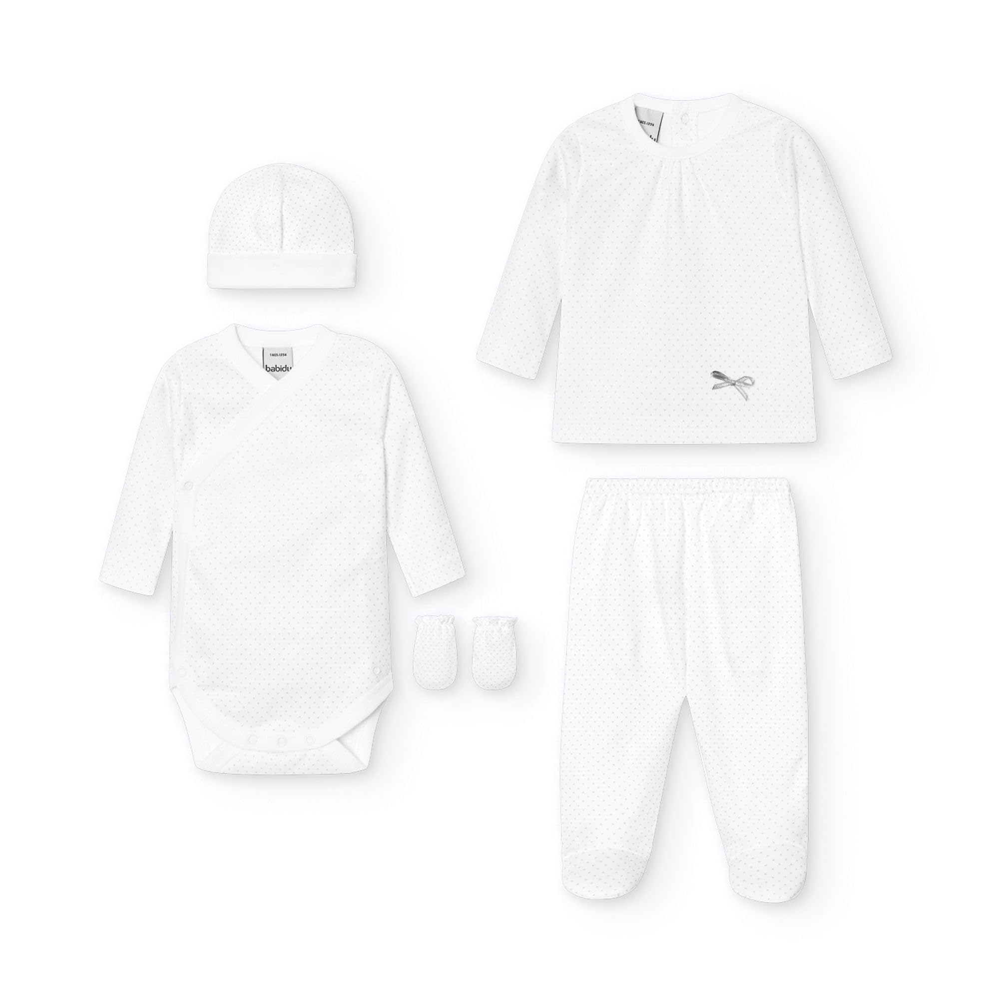 BABIDU | Set Bebé 5 Piezas 100% Algodón con Body, Gorro, Camiseta, Polaina y Manoplas, Ropa Suave para Recién Nacido Niño y Niña, Canastilla Regalo Bebé Primera Puesta Unisex