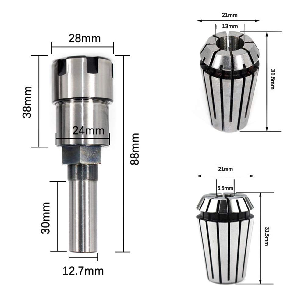 1/2" Tige ER20 Extension Rod de Collet de Routeur, avec 6.5 mm et 13 mm ER20 Ressort Collet Set Kit de Pince de Serrage pour CNC Machine de Gravure & Outil de Meulage