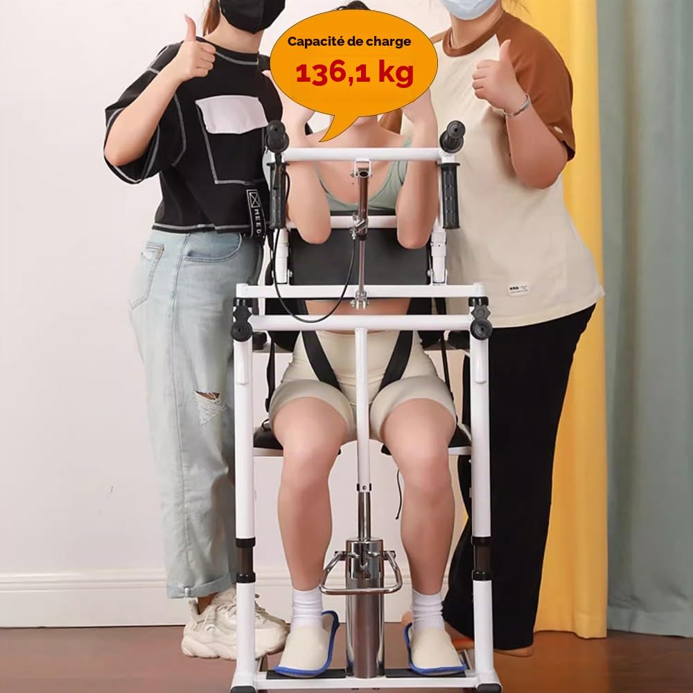 Chaise de transfert hydraulique pour patient avec position assistée, hauteur réglable de l'assise à la verticale, avec dossier haut doux et siège doux, fauteuil roulant pouvant supporter 136 kg pour