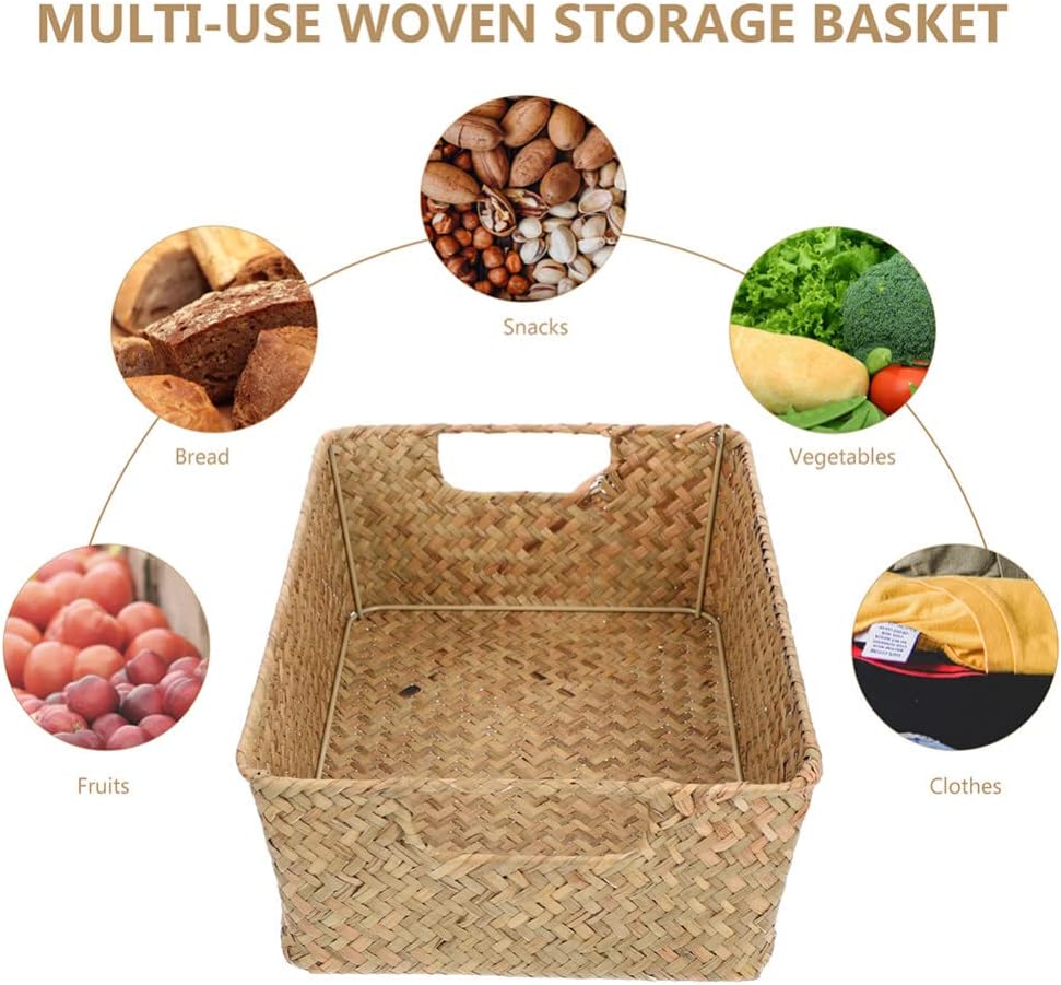 HEMOTON Rattan Storage Basket with Handle Rectangular Woven Fruit Baskets Wicker Bread Basket Snack Container Laundry Bin Basket for Table Countertop
