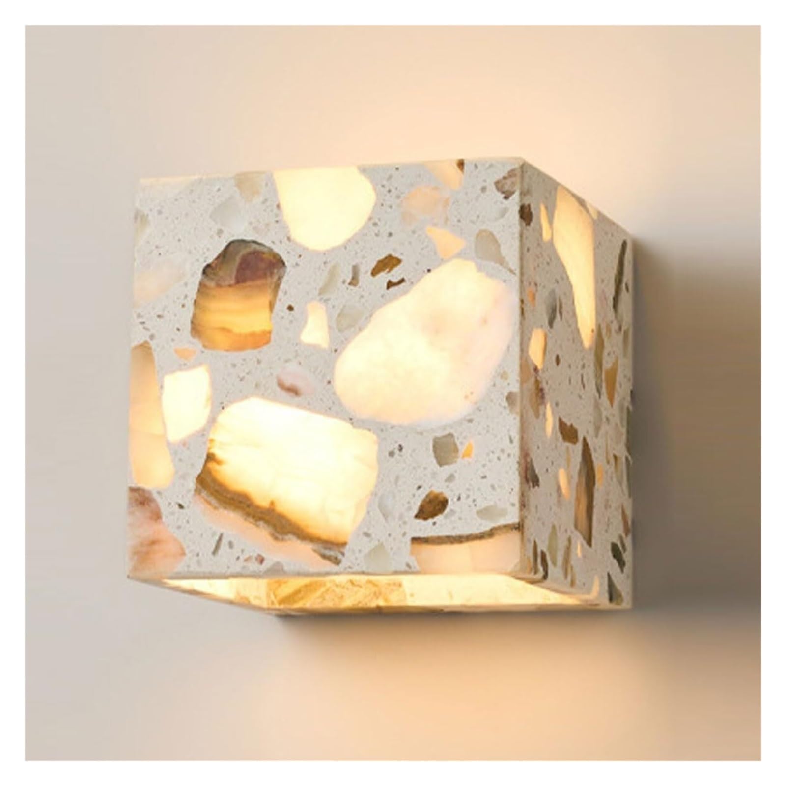 KHUKHU Modern Terrazzo Wall Sconce, Handmade Natural Stone Wall Light Fixture, LED Wall Sconces, Warm Light, Vanity Lamp for Living Room, Bedroom, Hallway, Kitchen Island(Cube)