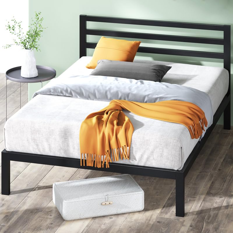 Metal Bed Frame (or Minimalist Platform Bed with Slatted Headboard) Matte Black Metal Frame with Natural Wood Slats. Horizontal Slatted Headboard Paired with a Sturdy Steel Platform Base.-image-27