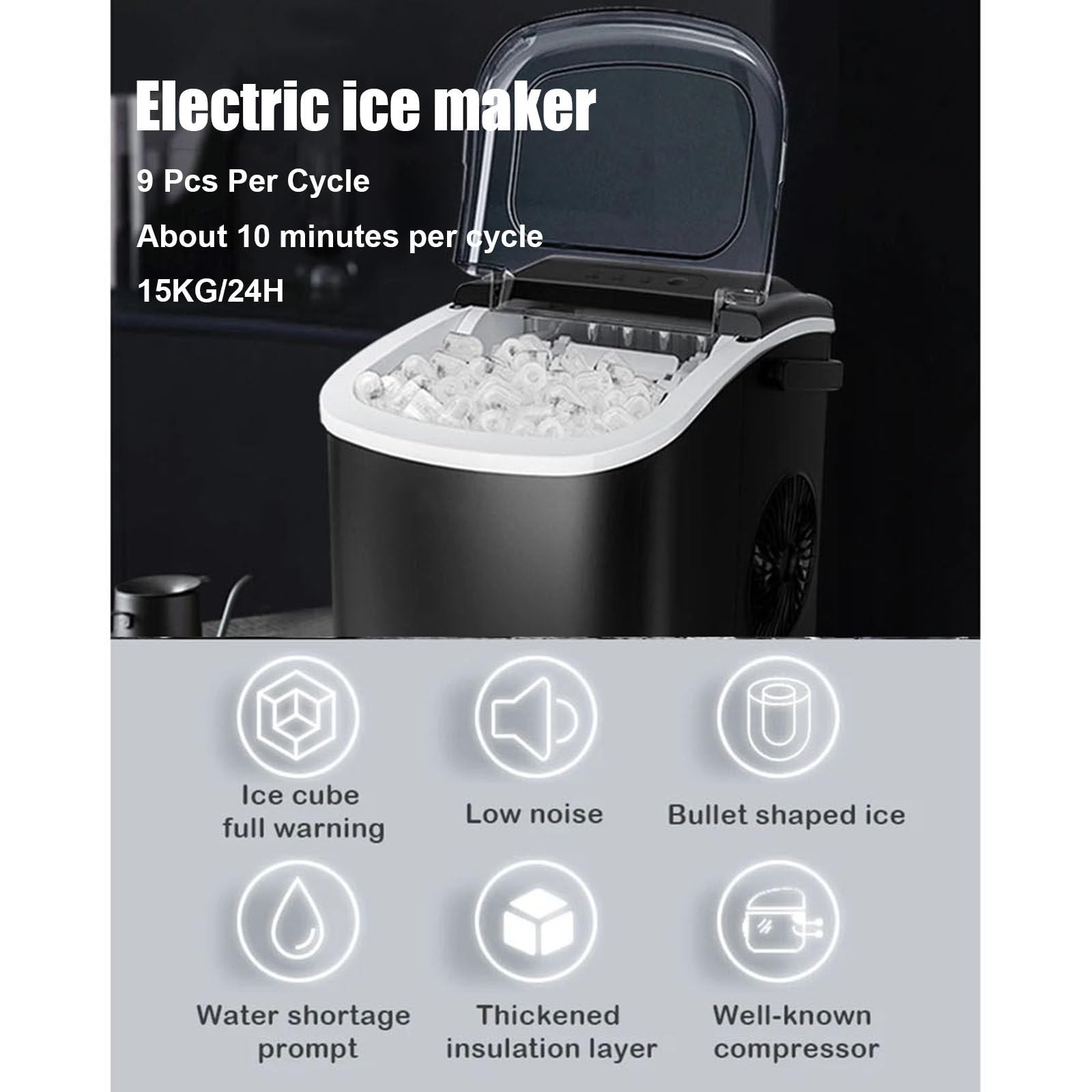 Generico Macchina per Il Ghiaccio da banco, Design Portatile, 9 cubetti di Ghiaccio in 6 Minuti, Produzione giornaliera di 15 kg, autopulente, Ideale per casa, Cucina, Ufficio, Bar (Nero)