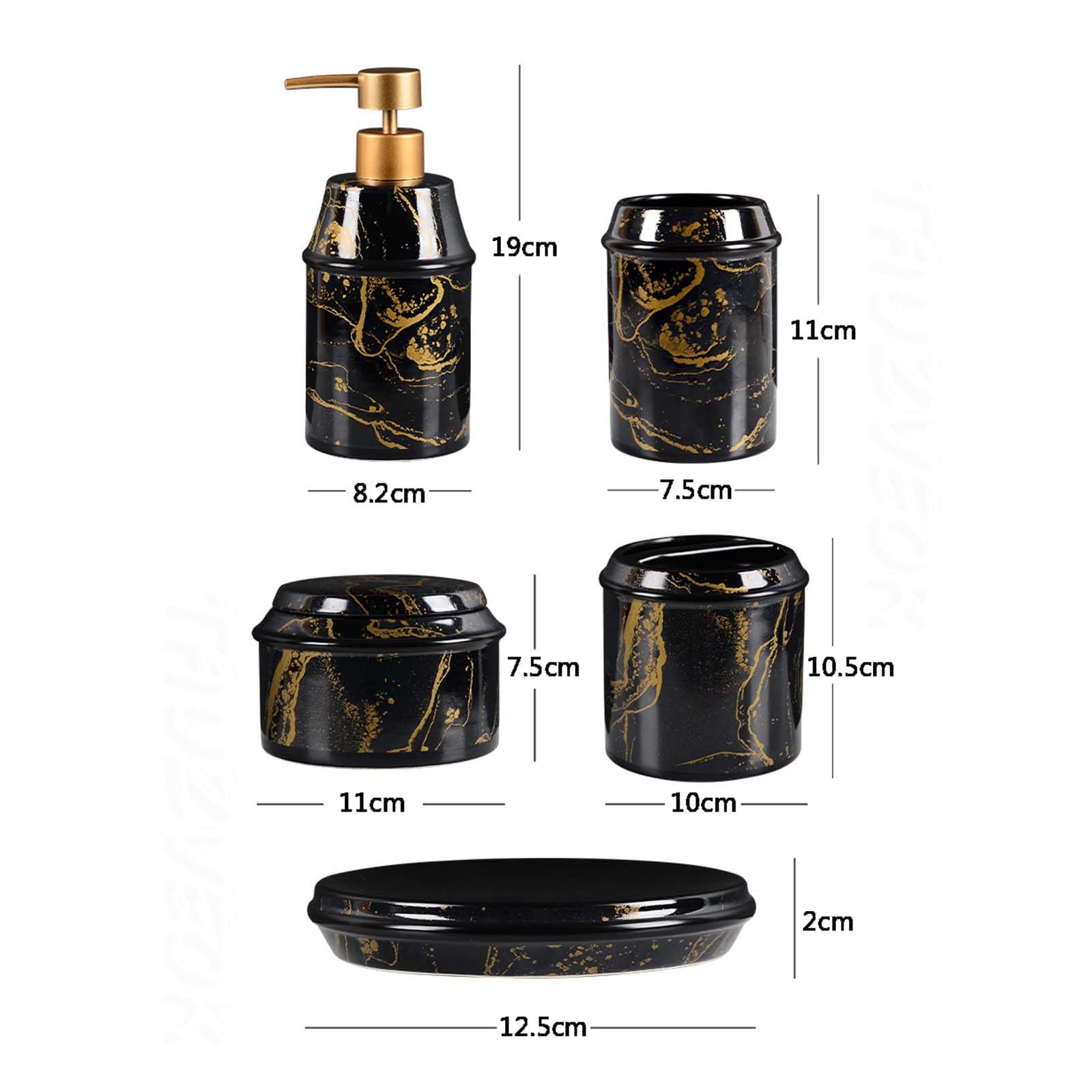 Set Dispensador De Jabón Marmoleado, Set De Baño De Cerámica, con Porta Cepillo De Dientes, Dispensador De Jabón, Jabonera, para La Zona De Lavado.,Negro