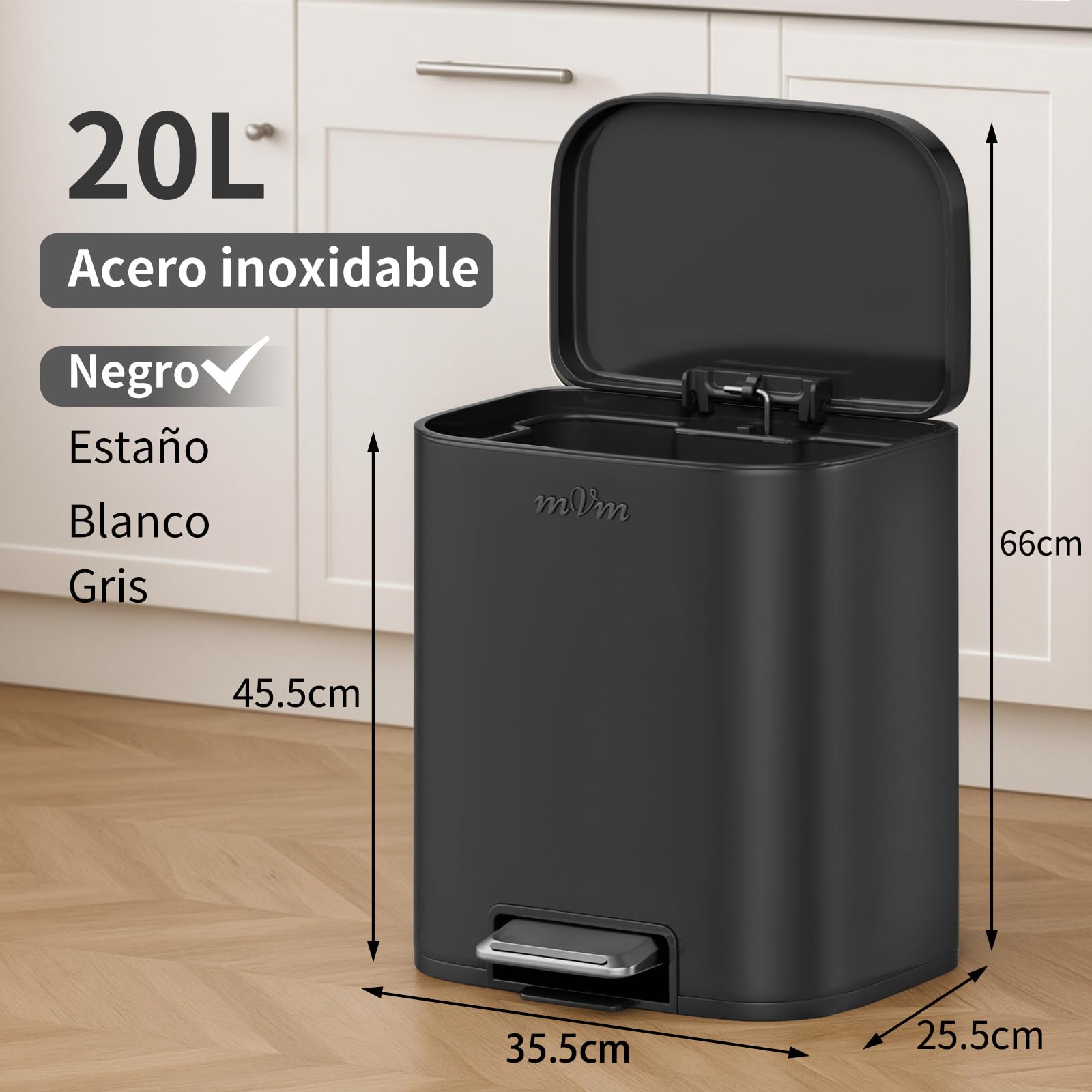 mVm Papelera de Cocina con Pedal 20L, Cubo de Basura Negro, Acero Inoxidable Antihuellas, Tapa Amortiguada Cierre Suave, con Cubo Interior Extraíble, para Cocina Oficina Baño