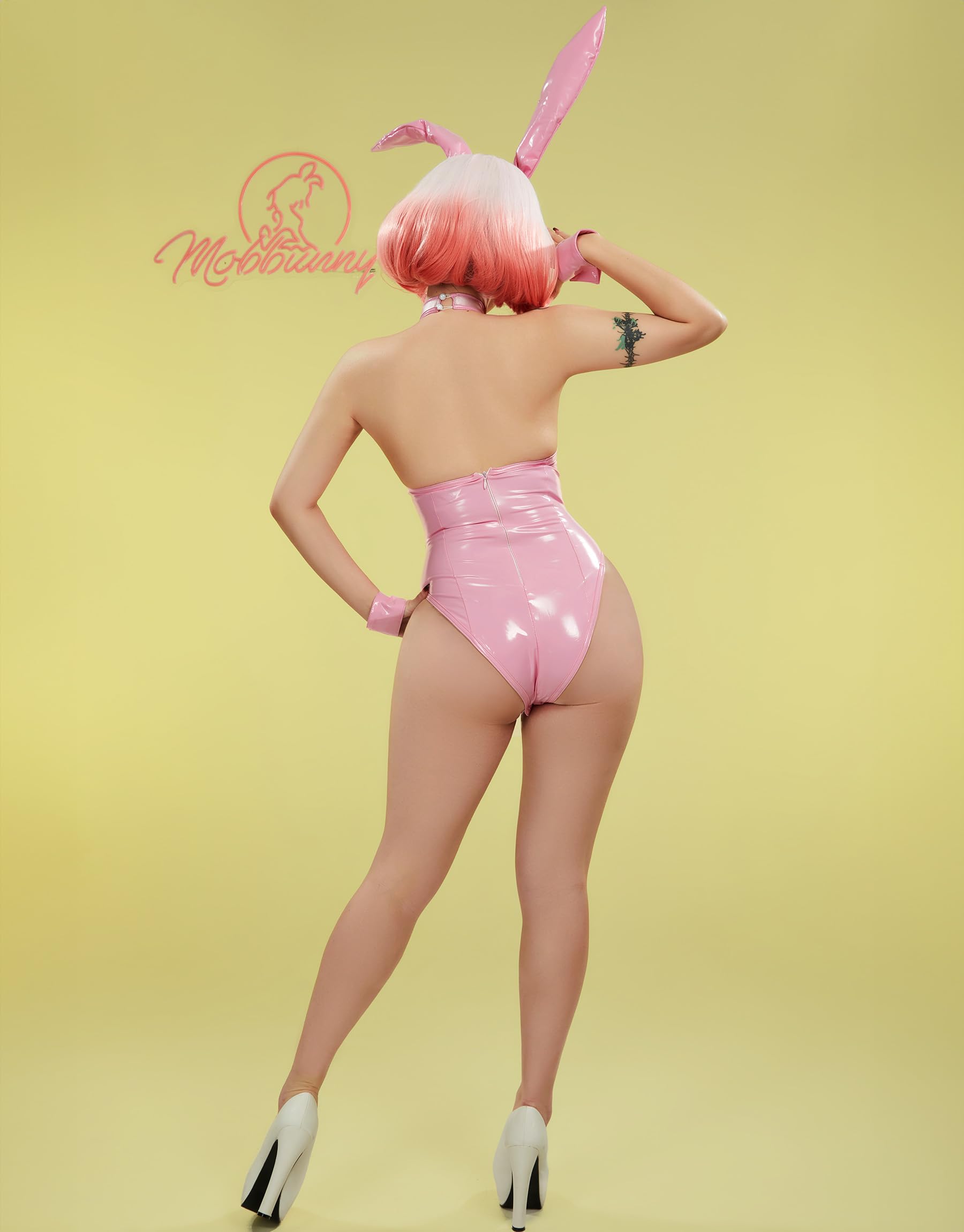 Mobbunny Women's Pink Bunny Girl Costume Heart Ring linked Bondage Lingerie Set Transparent Bodysuit: Small Pink