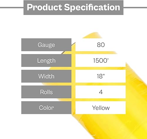 Miniatura 3 de PSBM - Rollo de película elástica amarilla, paquete de 4, 18 pulgadas x 1500 pies, calibre 80, rollos de película elástica a mano oscuraopaca para