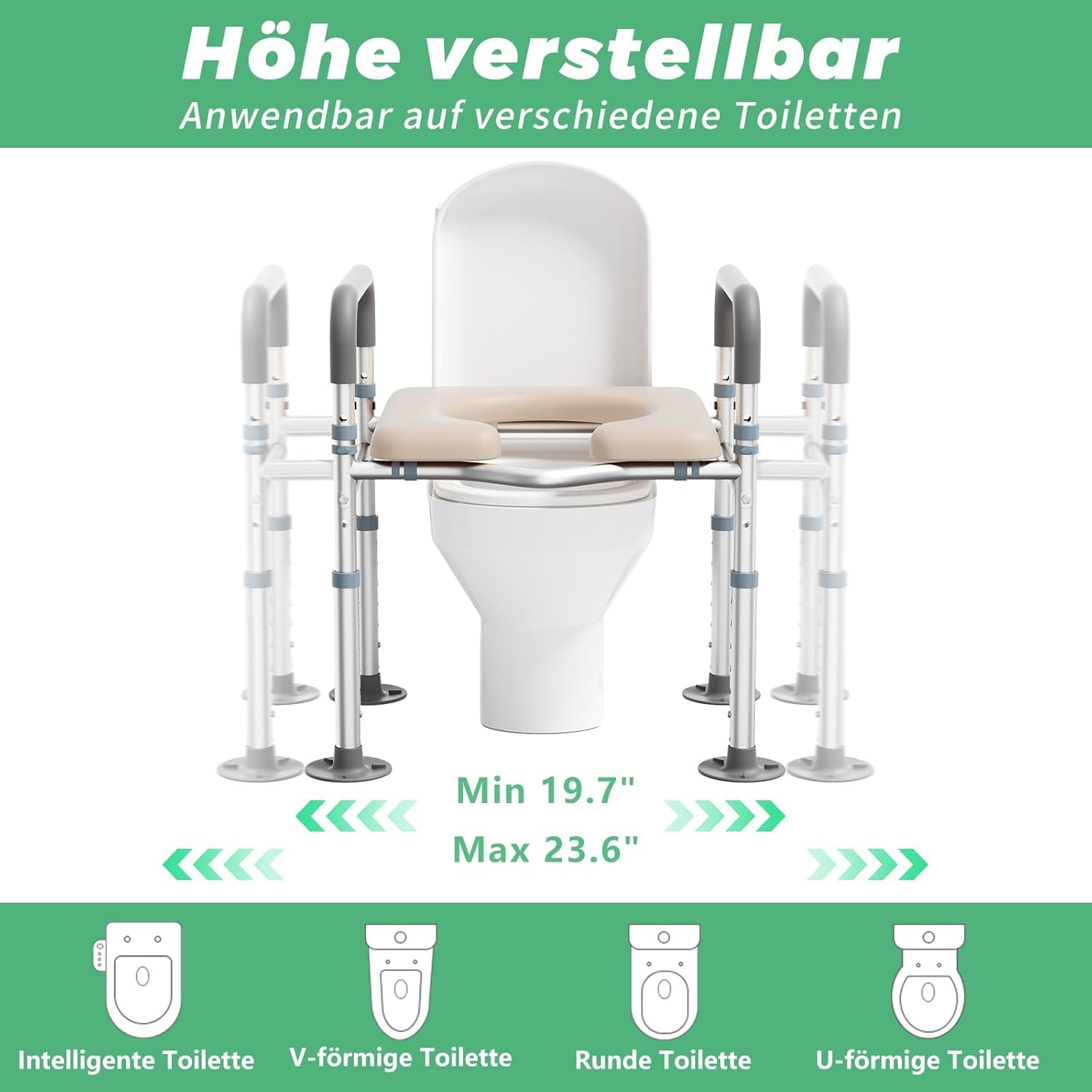 Toilettensitzerhöhung mit Armlehnen, Einstellbare Höhe & Breite WC Sitzerhöhung Aufstehhilfe Toilette, Toilettengestell Toilettenaufsatz für Senioren Behinderte Schwangere Erwachsene