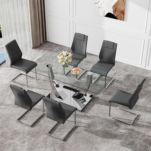 Miniatura 41 de Juego de mesa de comedor para 4, 63 pulgadas, juego de mesa de comedor de vidrio templado negro para 4 personas con sillas de poliuretano, moderno