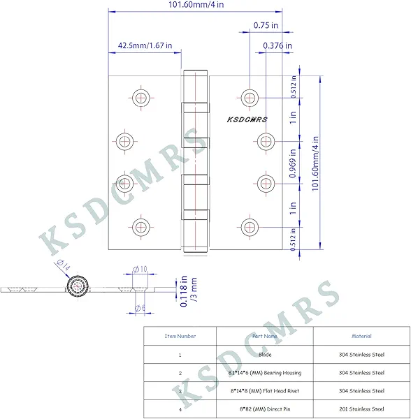 Stainless Steel Matte Black 4 inch Door Hinges,Interior Door Hinge，Heavy Duty Exterior Door Hinges，Ball Bearing Hinges ，4" (101mm) x 4" (101mm) Outer Door Hinge，Square Corners,4 Pack
