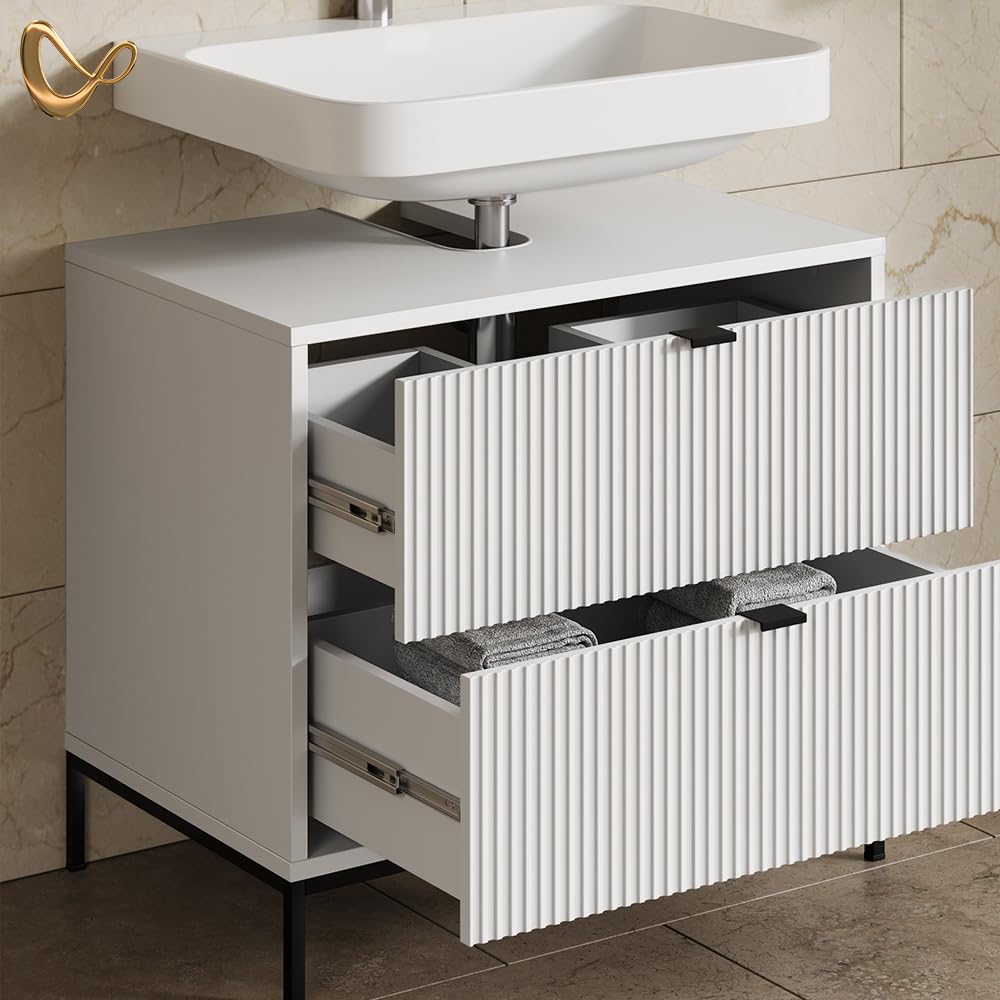 Livinity Meuble sous Vasque Simple Aterno, Blanc, 70x63cm avec 2 tiroirs coulissants