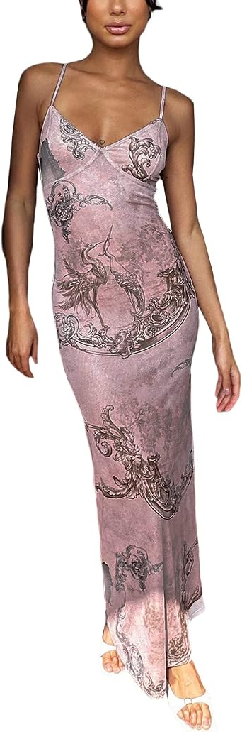 XFLnaraz Women Satin Maxi Dress Fairy Grunge Sleeveless Low Cut Spaghetti Strap Cocktail Long Dress Streetwear