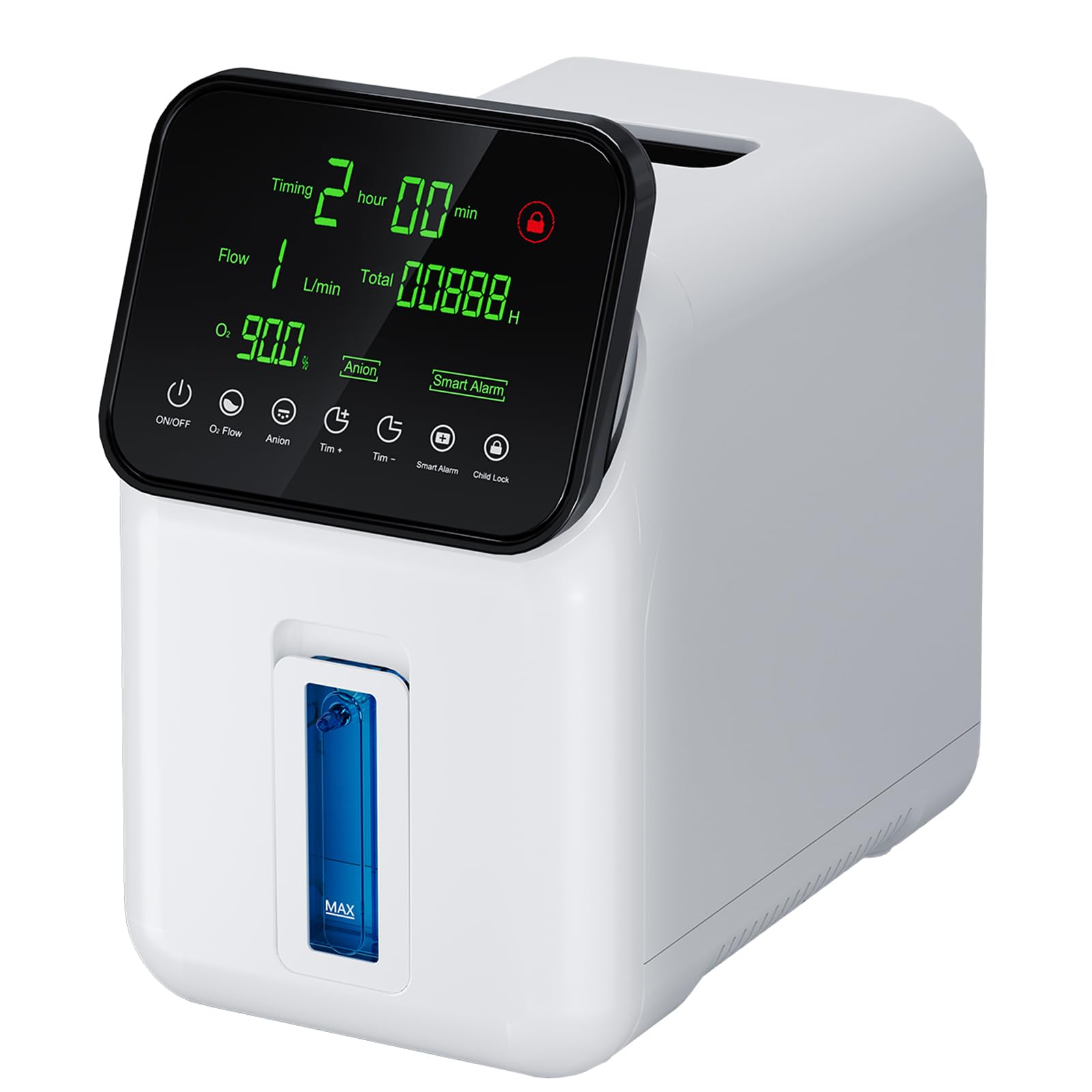 Koncentrator Tlenu 1-7L/min 93% Nebulizator Jony Pilot LCD | Tlen 1-7L/min, czystość 93% przy 1L, nebulizator, jony ujemne, pilot ≤8m, timer, ≤45dB, nawilżacz, 6.5kg.