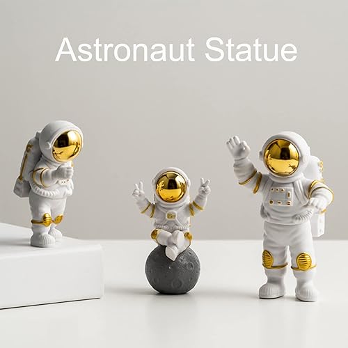 Vista 32 de Figura de astronauta, juego de 3 espejos, decoración de estatua de astronauta, figura de resina para decoración de pastel, adorno de escritorio
