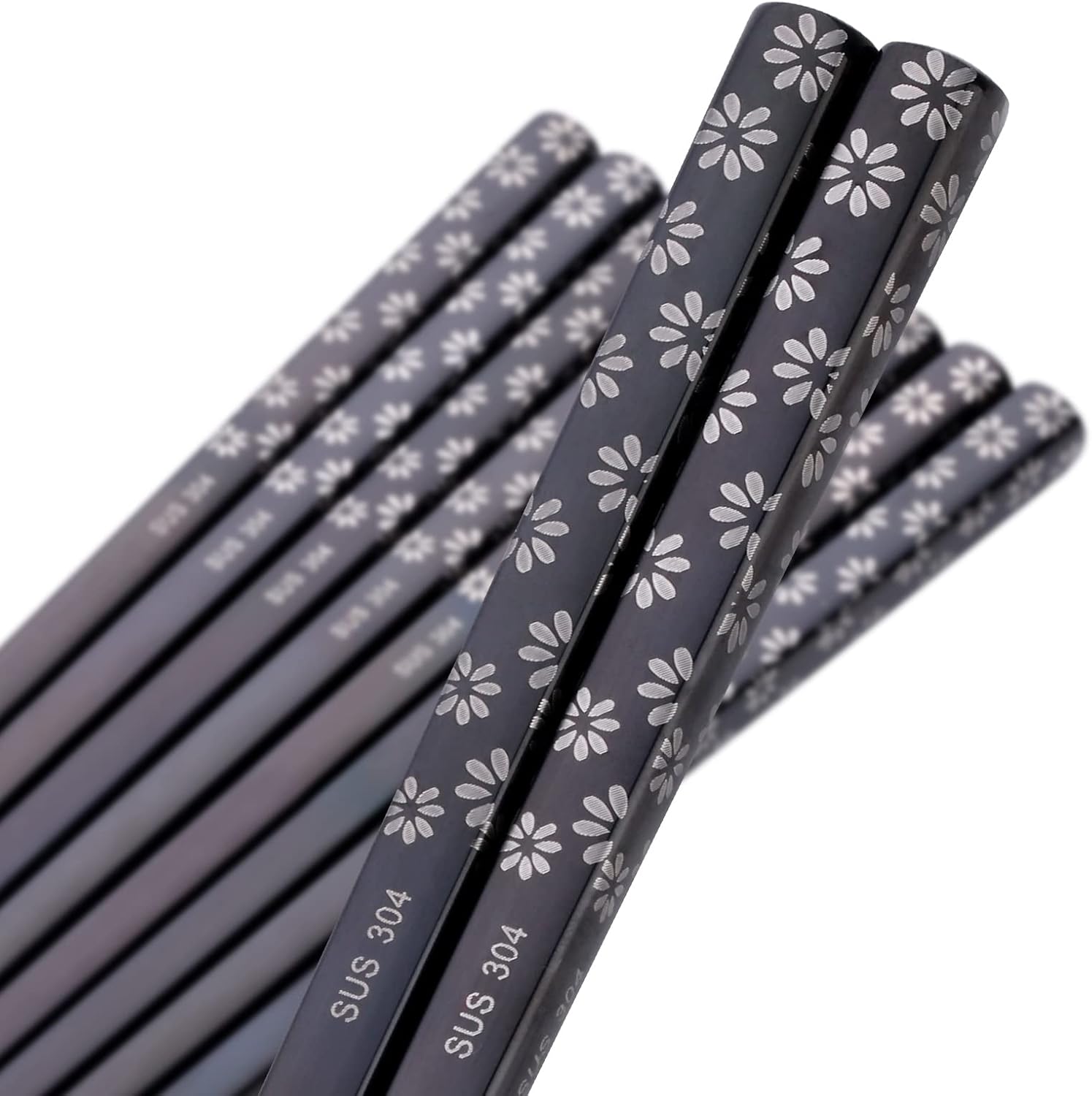 5-Pairs Metal Reusable Sakura Pattern Japan and Korea laser Square Chopsticks Non Slip for Adults Sushi Ramen, 18 10 Stainless Steel Chopsticks Set Dishwasher Safe, Black