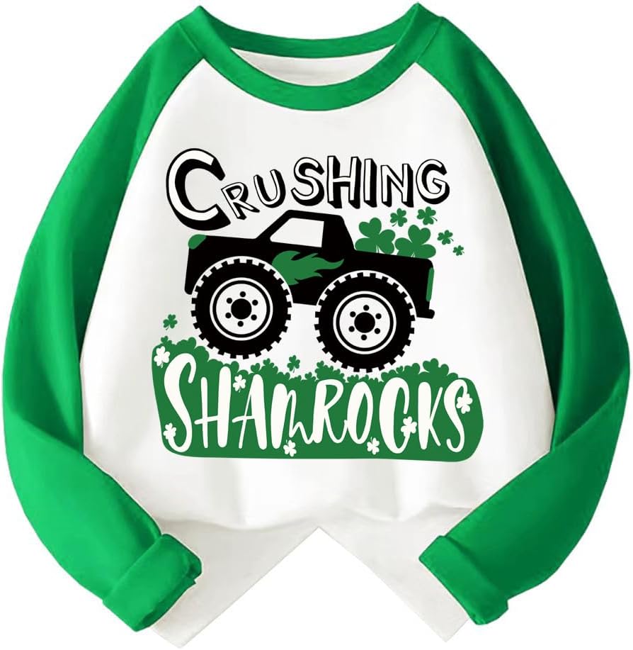 Kids St Patricks Day Shirt Girls Boys Patrick's Shamrock Clover Monster Truck Dinosaur Toddler Long Sleeve 2-7T