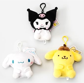 Plush Bag Clip Keychain Backpack Hanger with Cinnamon Roll, Kuromi, Pompompurin - Cute Stuffed Animal Key Ring