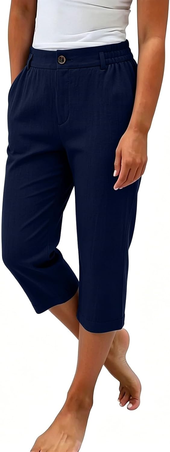 High Waist Straight Linen Capri Trousers, Button Hem Cropped Bottoms with Side Pockets for Womens Summer Casual Wear
