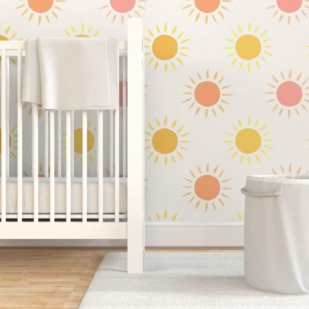 Peel & Stick Wallpaper 12ft x 2ft - Summer Sunshine Coral Pink Mustard Yellow Custom Removable Wallpaper by Spoonflower