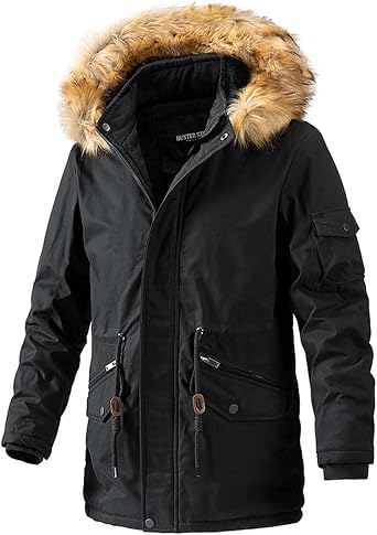Mens Winter Coat Warm Faux Fur Hood Parka Ski Jacket Thicker Windproof Hooded Long Overcoat Outerwear