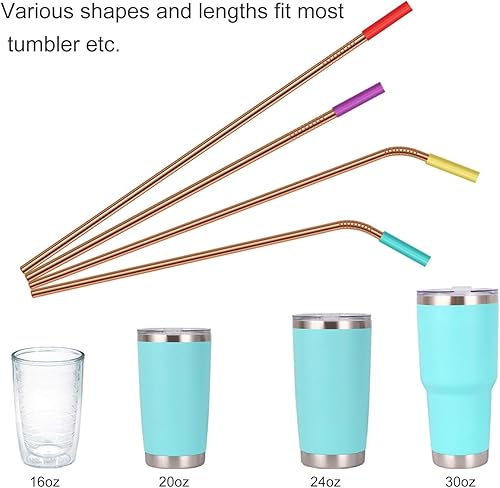 Miniatura 6 de 20 popotes de acero inoxidable reutilizables de oro rosa, pajitas reutilizables de 10.5 y 8.5 pulgadas con 20 puntas de silicona, 5 cepillos para