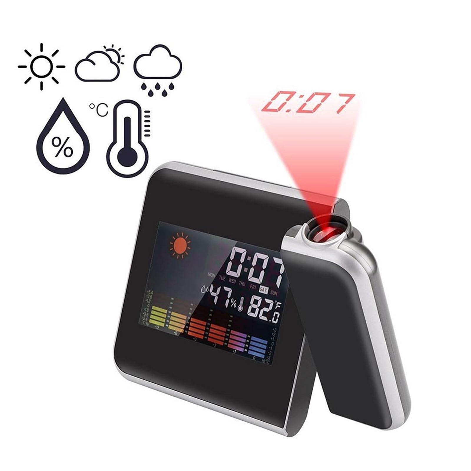 Proyector LCD Reloj Despertador Digital Temperatura Humedad Escritorio Sincronización Fecha Calendario Pantalla LED con Retroiluminación ProyeccióN Clara(Black)