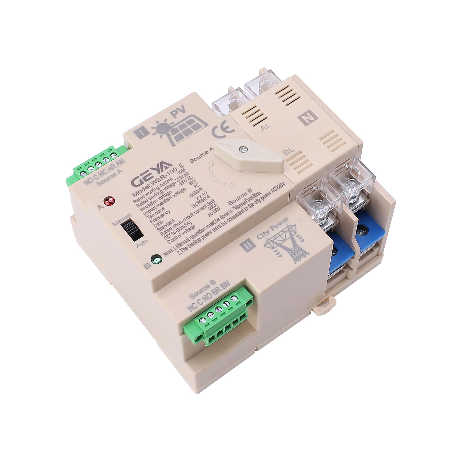 on-Grid Solar Power Automatic Transfer Switch Din Rail 2P 100A 110VAC ATS PV System Power to City Power (ATS-2P-100A-110V-SOLAR)
