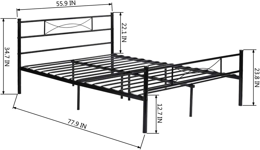 Diagram showing the dimensions of the HJhomeheart Full Size Metal Platform Bed Frame.