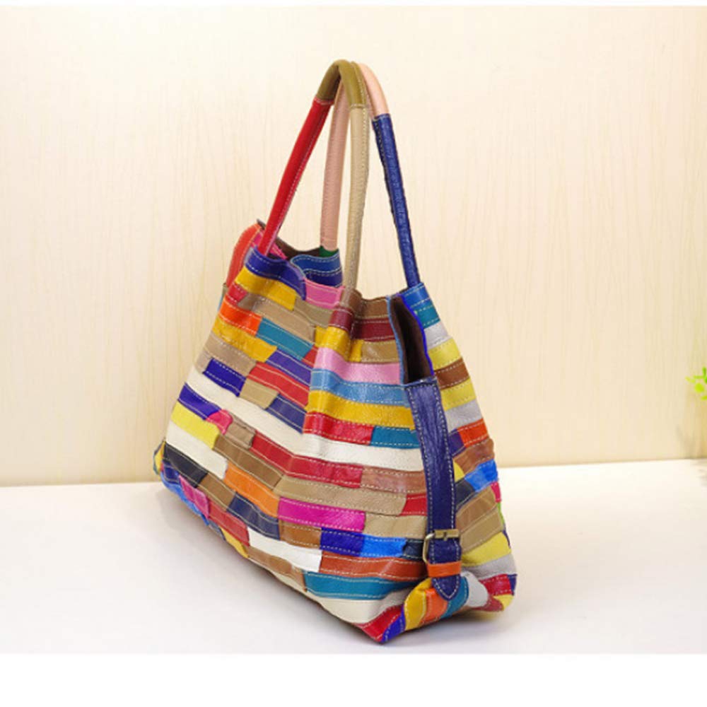 Womens Multicolor Boston Bag Genuine Leather Colorful Large Tote Handbag Purse