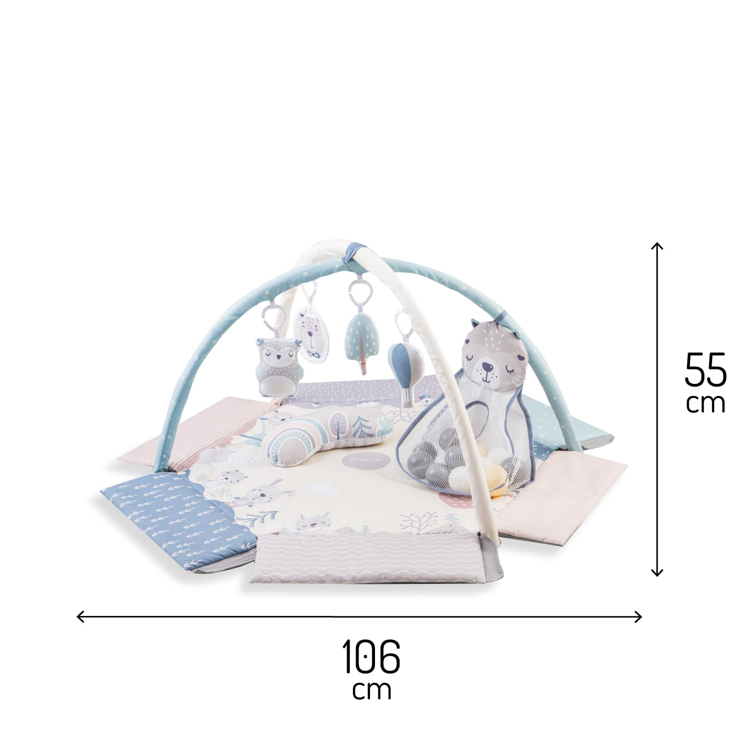 Arche de jeu MoMi PASTEL avec tapis rampant 3 en 1 pour bébé dès la naissance, tapis d'activité sensorielle avec 2 arches, bain de balles, 5 jouets, 20 balles avec sac